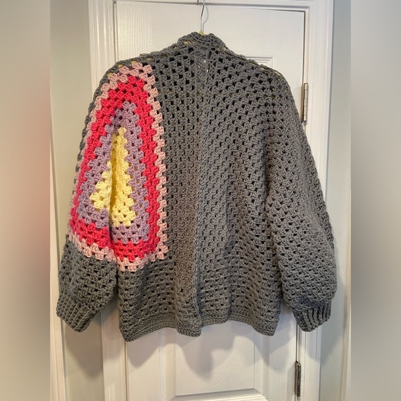 Handmade Crochet Granny Square One Size Cozy Cardigan Boho Chunky Knit Sweater - Picture 6 of 7